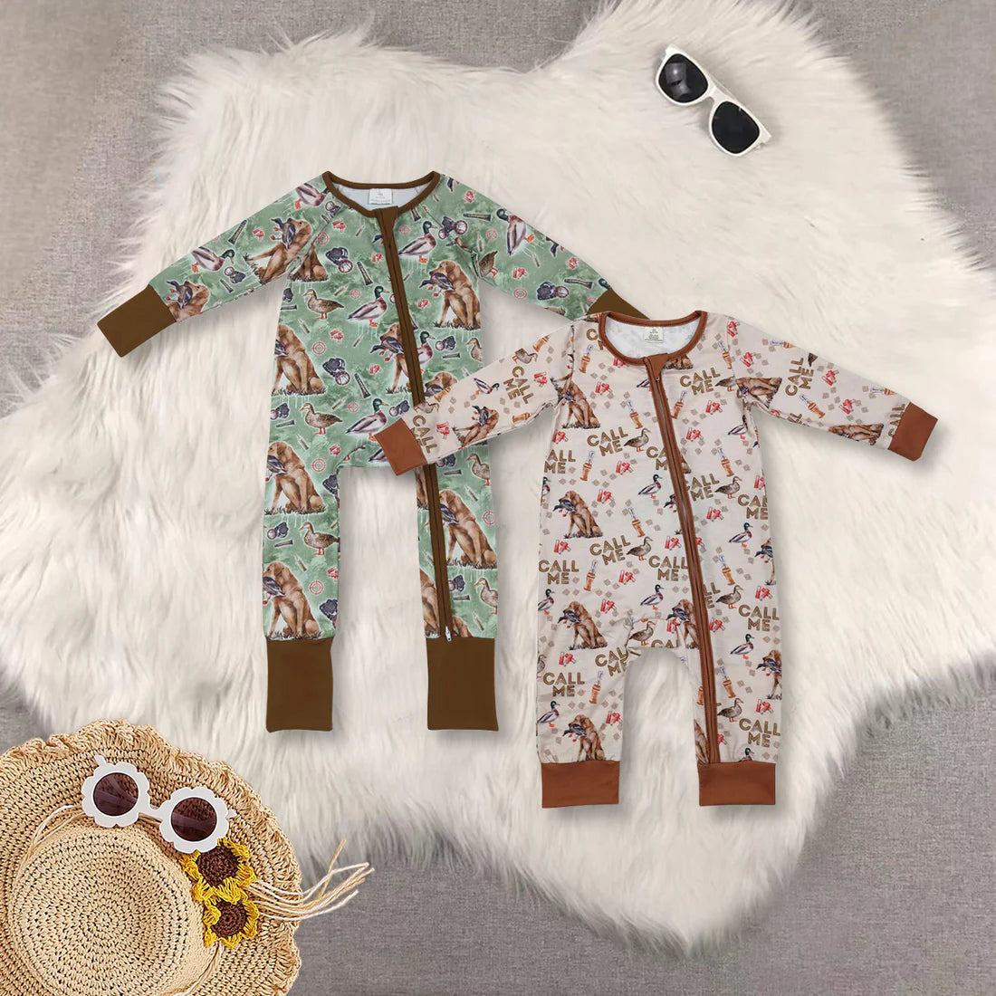 hunting dog mallard zipper romper RTS sibling clothes