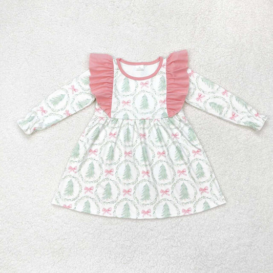 GLD0555 Christmas pink bow green tree long sleeve girls dress
