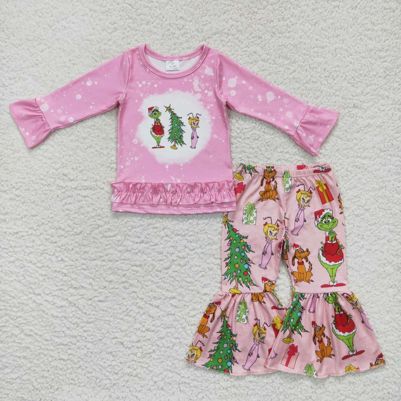 GLP0576 Christmas tree green face cartoon girl pink long sleeve pants girls set