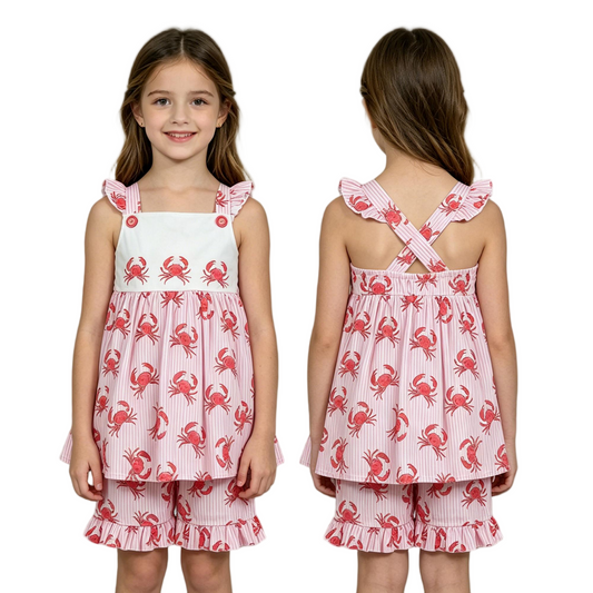 GSSO3066 Crab Pink Flutter Sleeve Shorts Girls Set