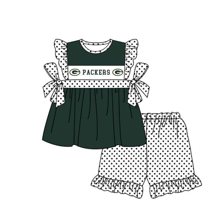 Custom Moq 3 Football Team Packers Green Flutter Sleeve Shorts Girls Set
