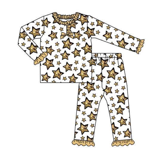 Custom moq 20 bamboo happy new year gold star long sleeve pants girls pajamas
