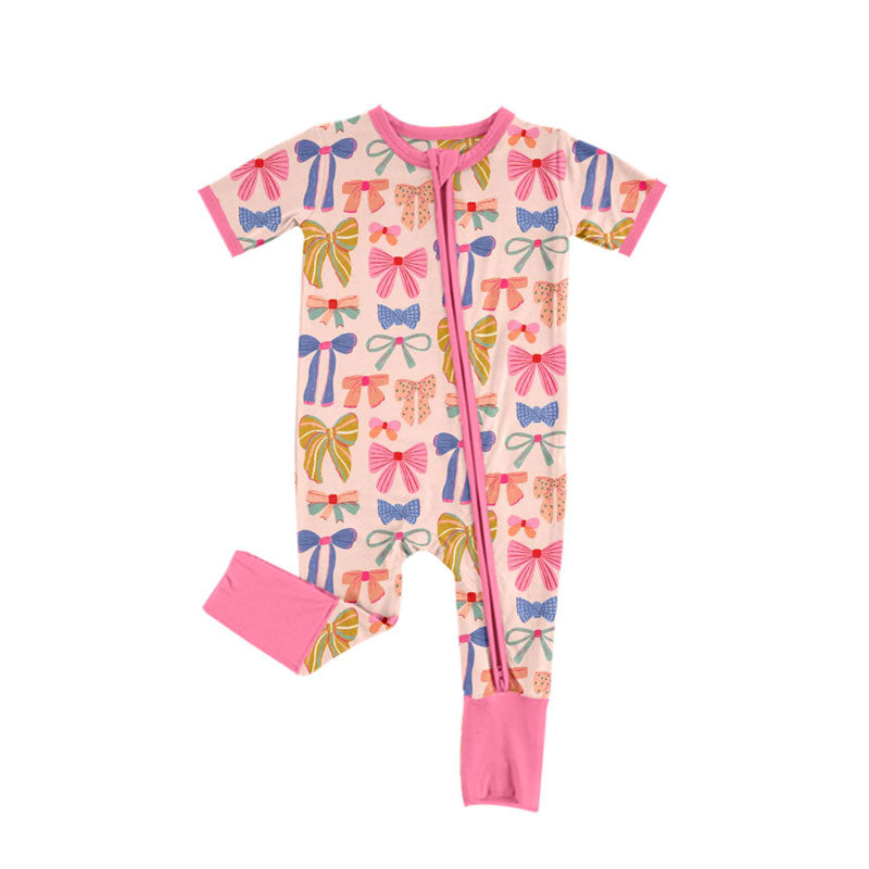 custom moq 5 colorful bows pink zipper short sleeve girls romper