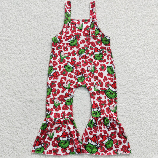 SR0389 Merry Christmas Green Face Flowers Red Girls Jumpsuits
