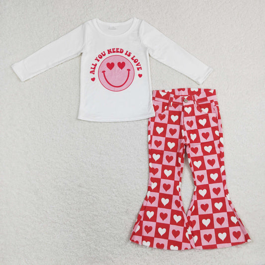 GLP1158 Valentine All You Need Is Love Smile Heart Long Sleeve Heart Pink Checkered Denim Pants Girls Set