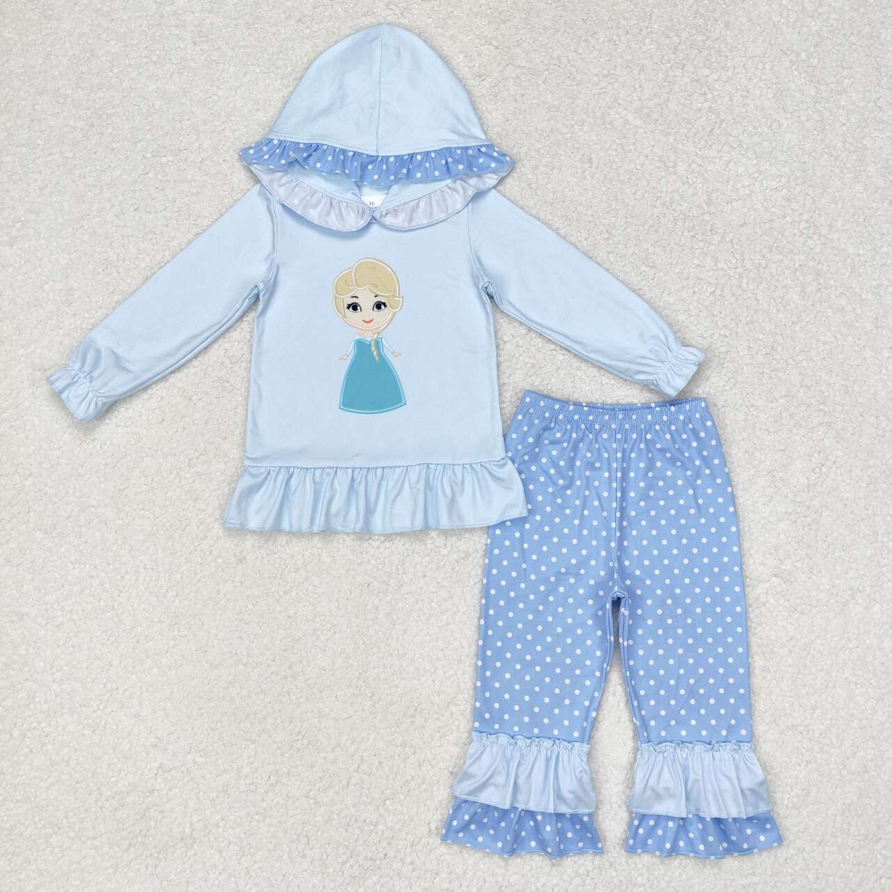 GLP1289 cartoon princess blue long sleeve blue dot pants girls hoodie set