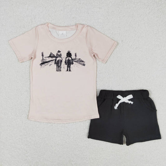 BSSO0499 Western Rodeo Cactus Short Sleeve Black Shorts Boys Set