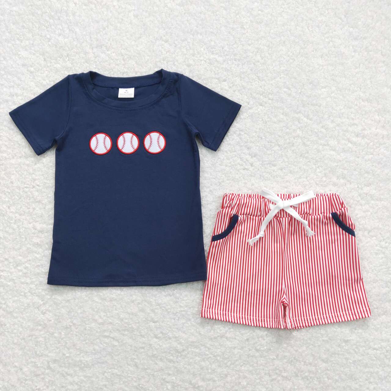 BSSO0351 embroidery Baseball navy short sleeve red striped pockets shorts boys set