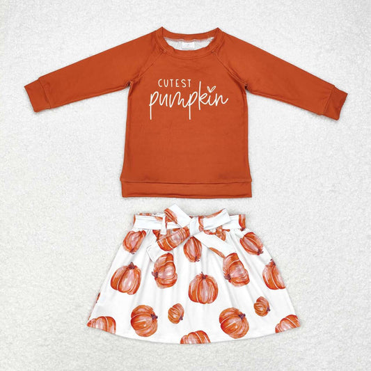 GLD0686 Autumn pumpkin orange long sleeve skirt girls 2pcs set