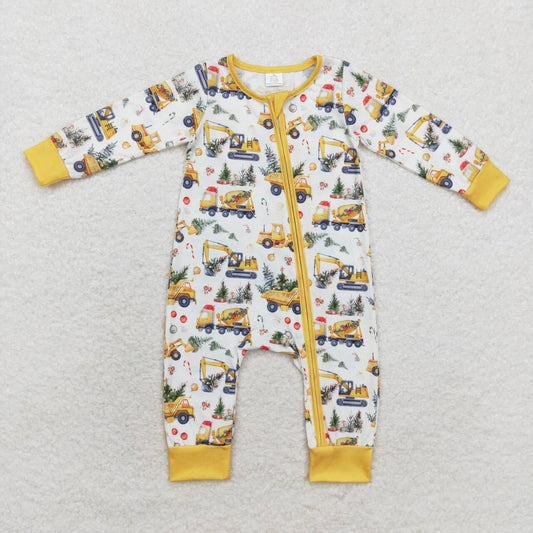 LR1332 bamboo Christmas construction truck yellow long sleeve zipper boys romper