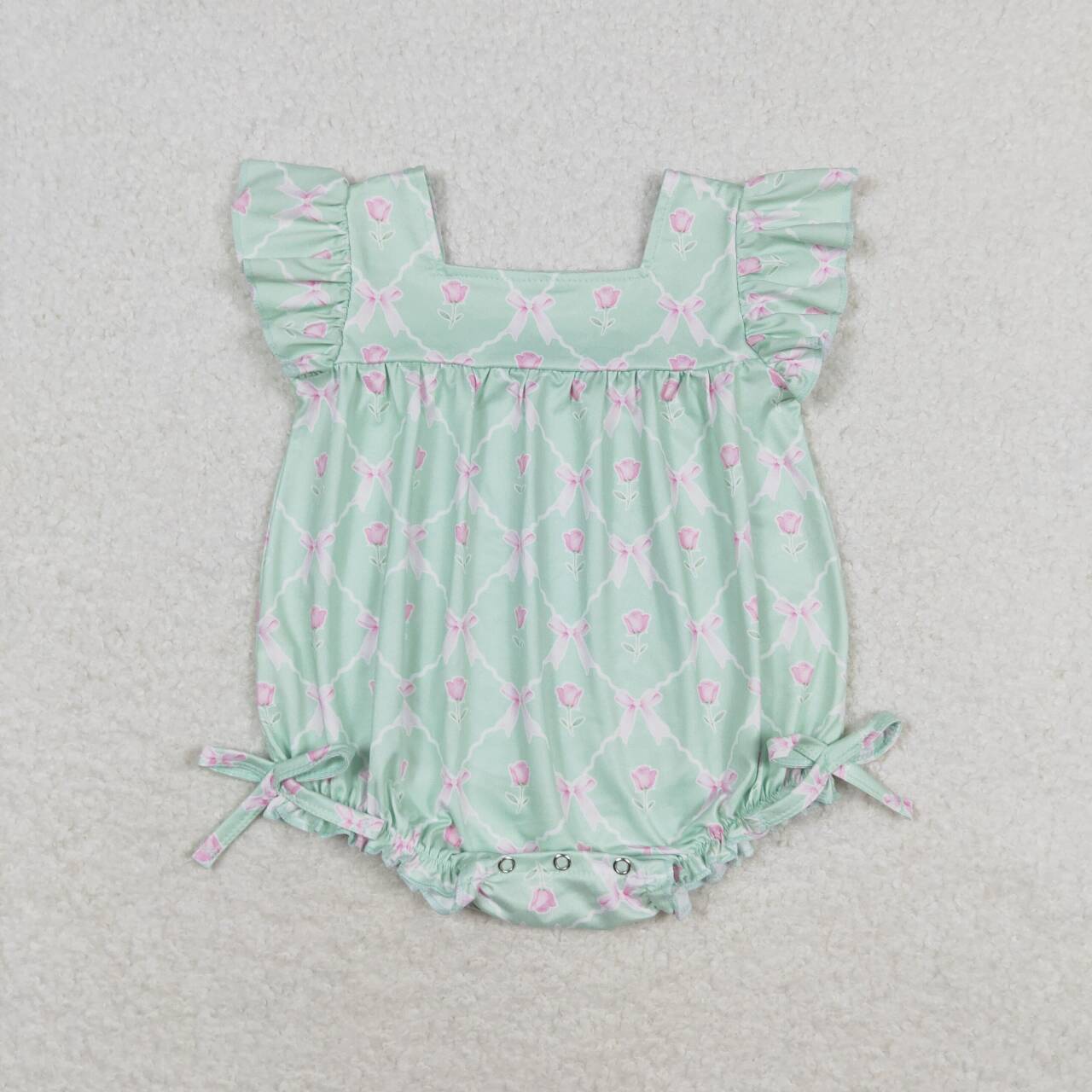 SR1503 pink flowers rose green flutter sleeve girls romper