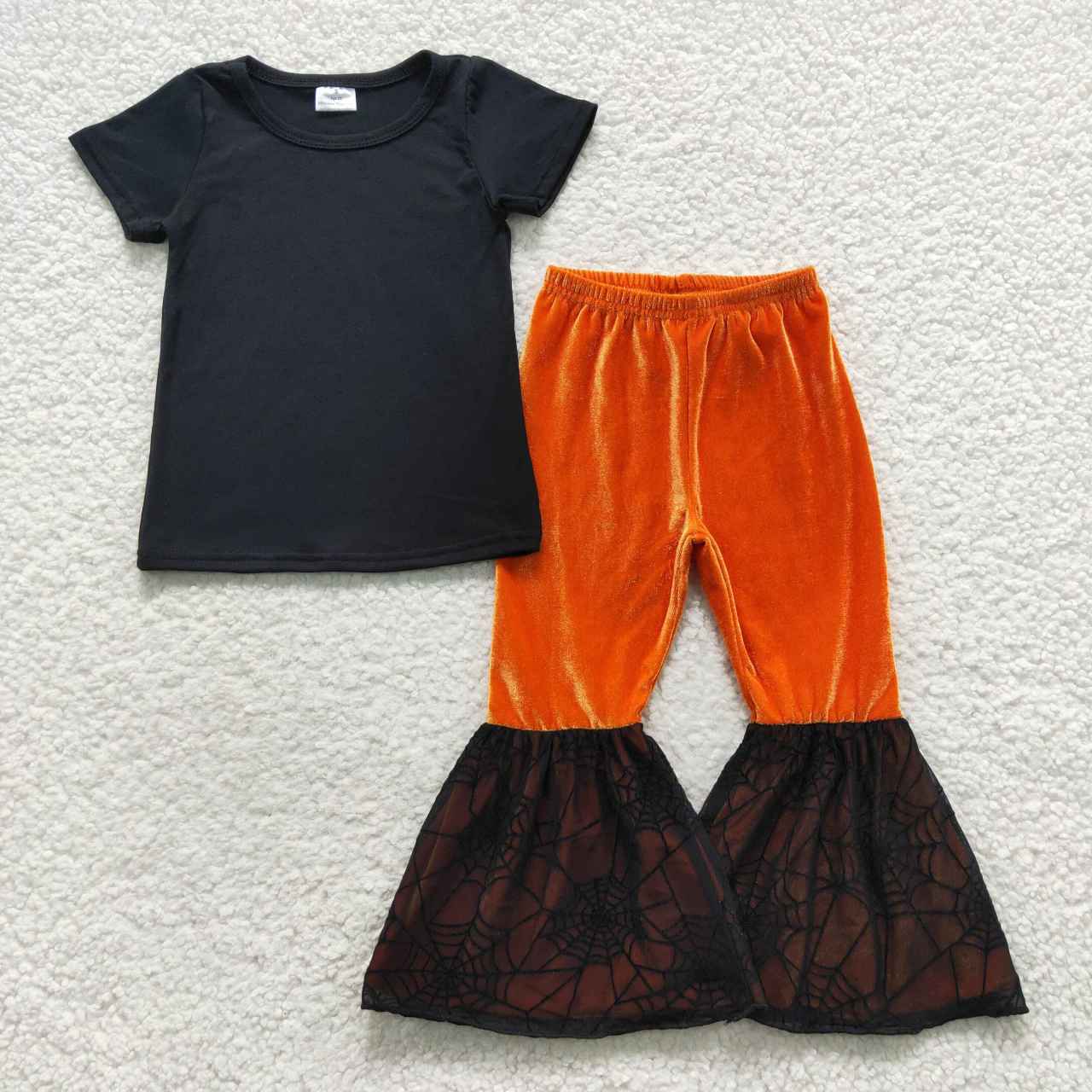 GSPO0772 Halloween Black Short Sleeve Orange Velvet Pants Girls Set