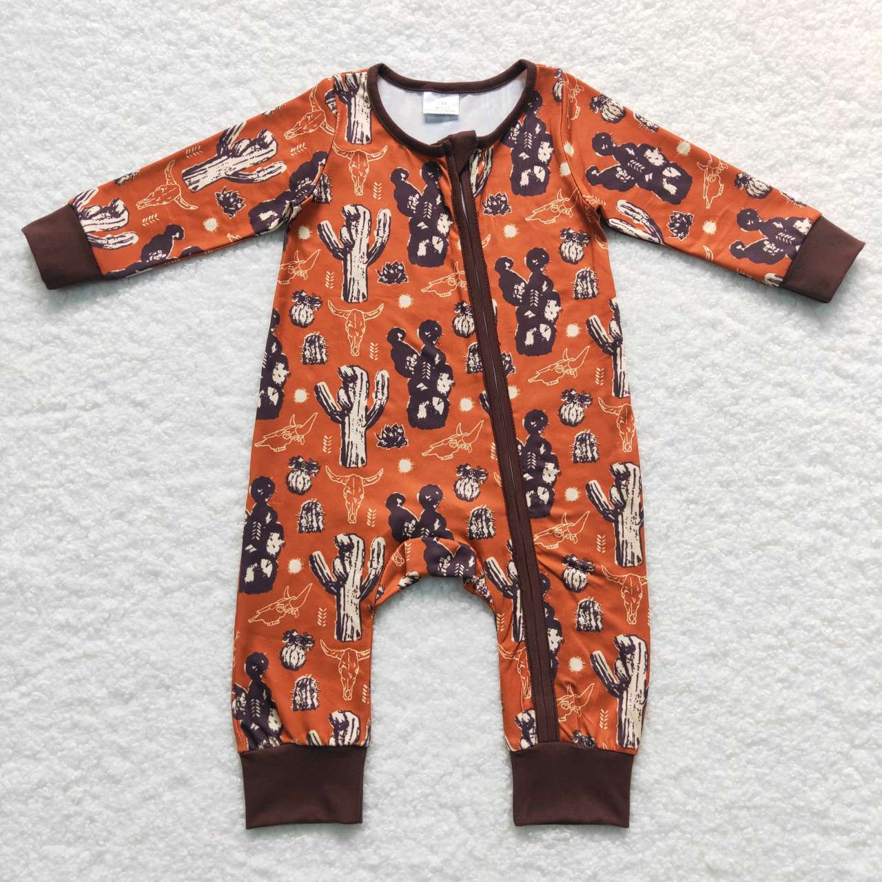 LR0726 Western cow cactus brown long sleeve kids romper