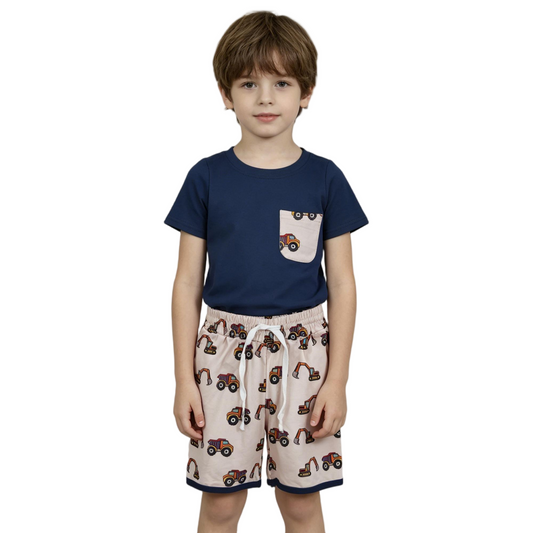 BSSO1364 Construction Truck Navy Blue Short Sleeve Shorts Boys Set