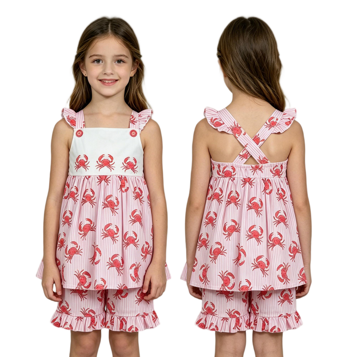GSSO3066 Crab Pink Flutter Sleeve Shorts Girls Set