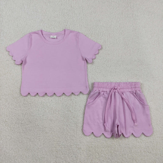 GSSO3173 Cotton Scallop Pink Short Sleeve Shorts Girls Set