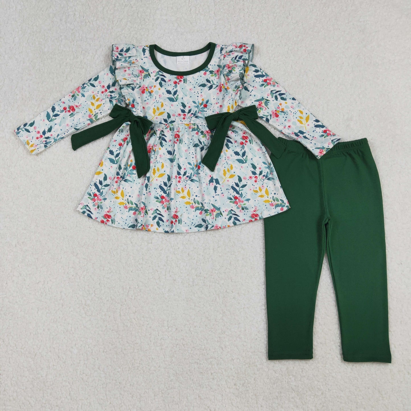 GLP2476 colorful flowers bows long sleeve green pants girls set