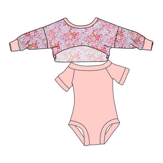custom moq 3 Pink Leopard Long Sleeve Pink Short Sleeve Romper Girls Set