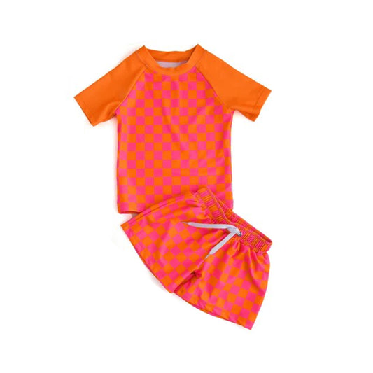 custom style hot pink checkered orange short sleeve 2pcs boys swimsuits