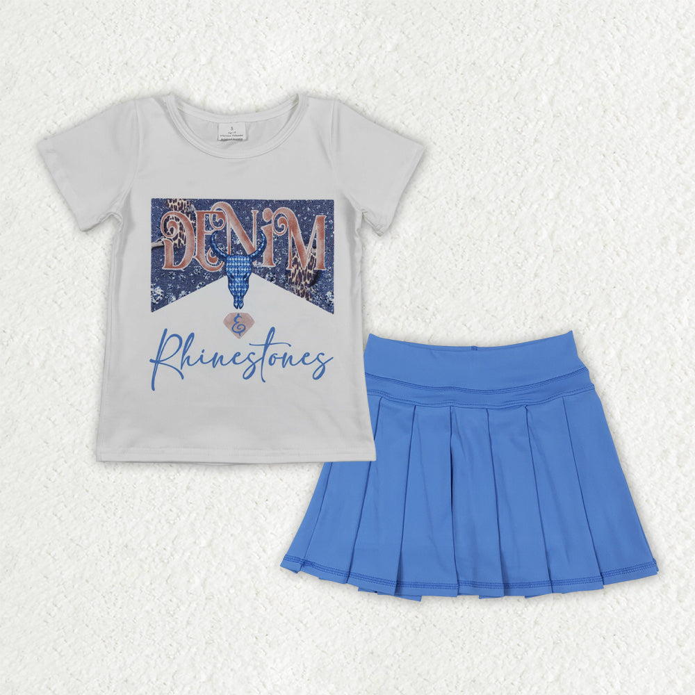 Western cow blue short sleeve yoga blue skirt skort girls set