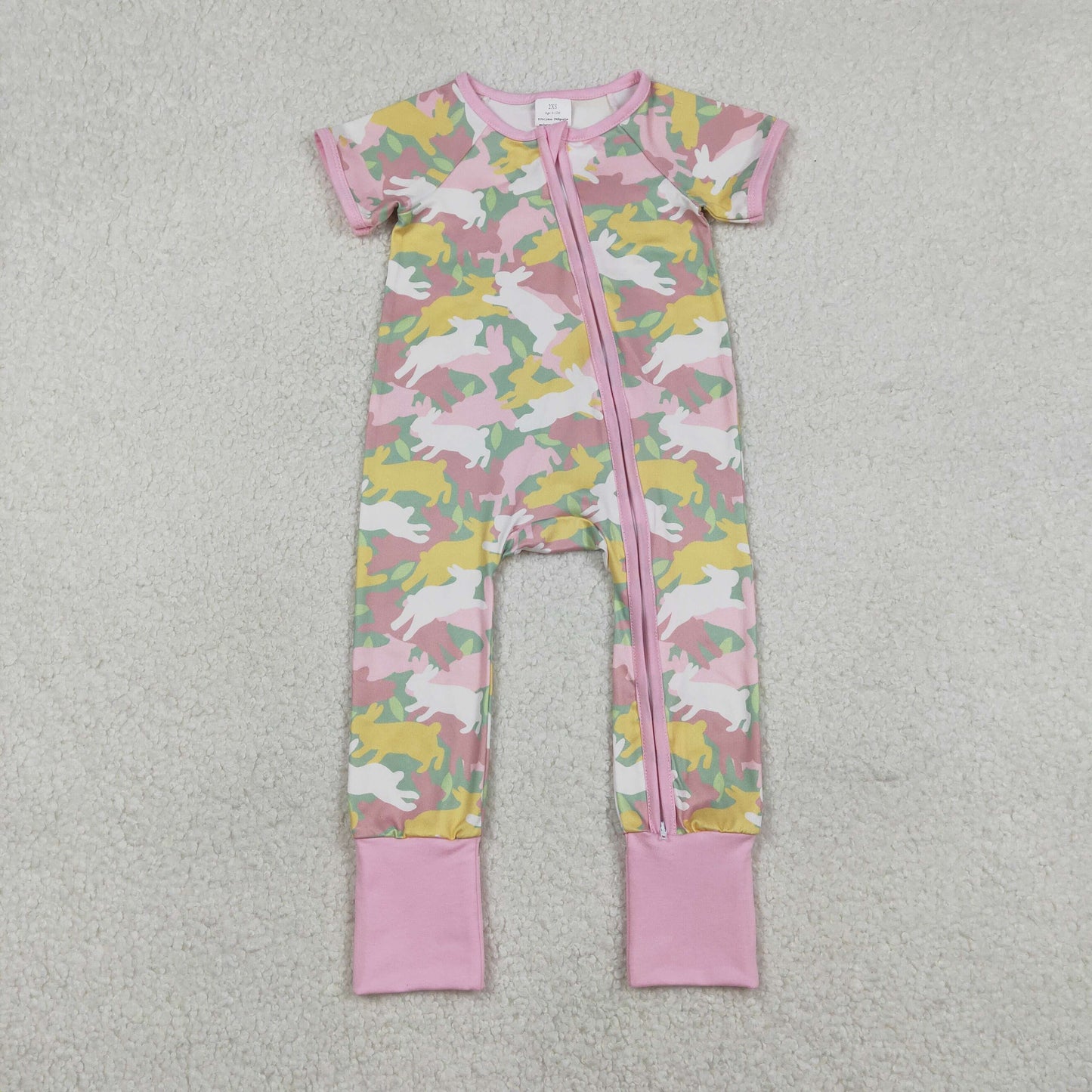 SR3715 Easter Bunny Rabbit Camo Pink Zipper Short Sleeve Girls Romper
