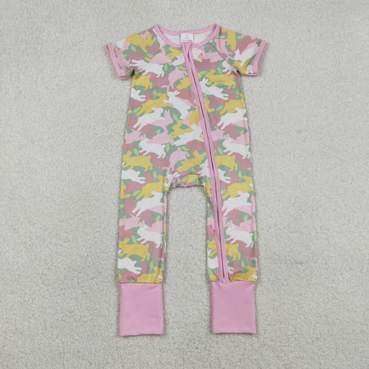 SR3715 Easter Bunny Rabbit Camo Pink Zipper Short Sleeve Girls Romper