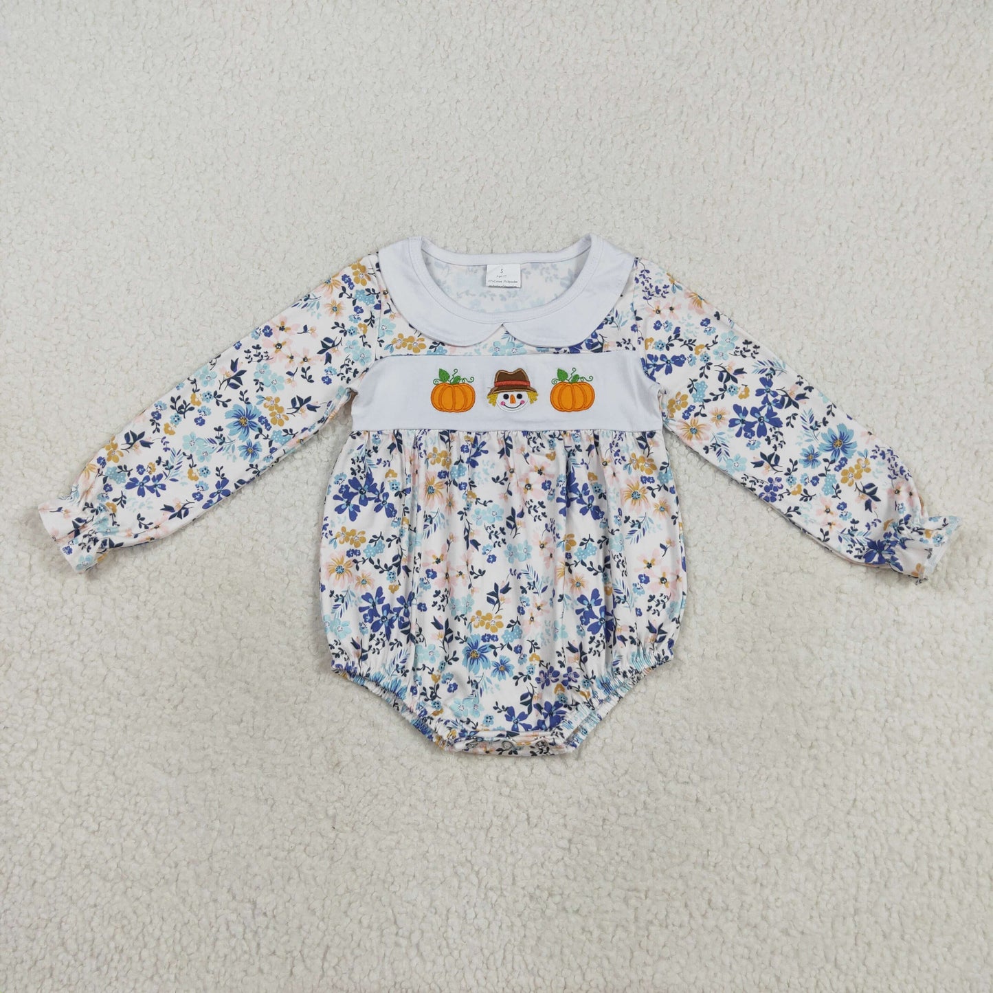 LR2246 embroidery pumpkin scarecrow flowers floral long sleeve girls romper
