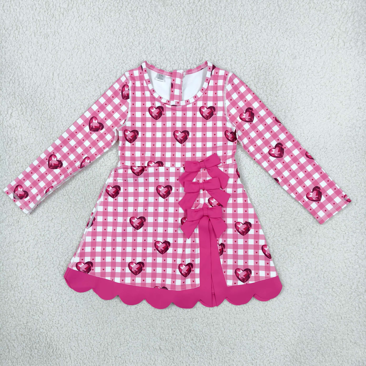 GLD1750 Yoga Valentine's Heart Pink Checkered Long Sleeve Girls Dress