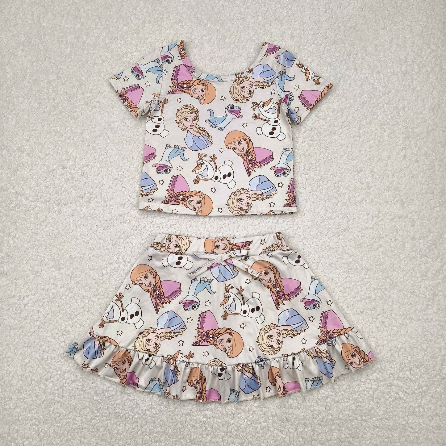 GSD2358 cartoon ice princess snowman short sleeve skirt girls set