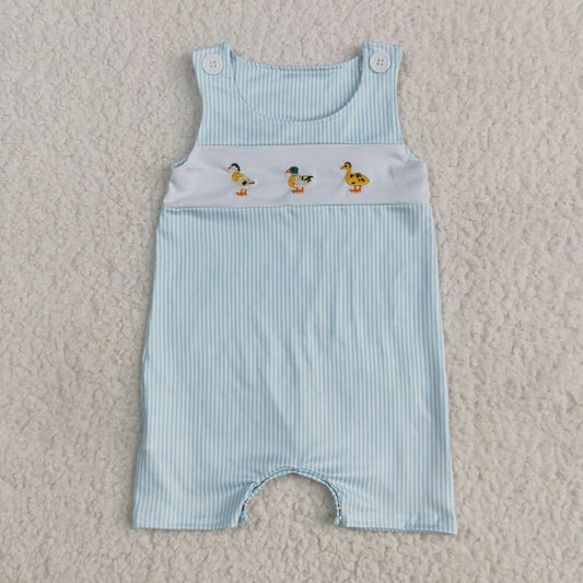 SR2991 embroidery mallard duck blue striped sleeveless boys romper