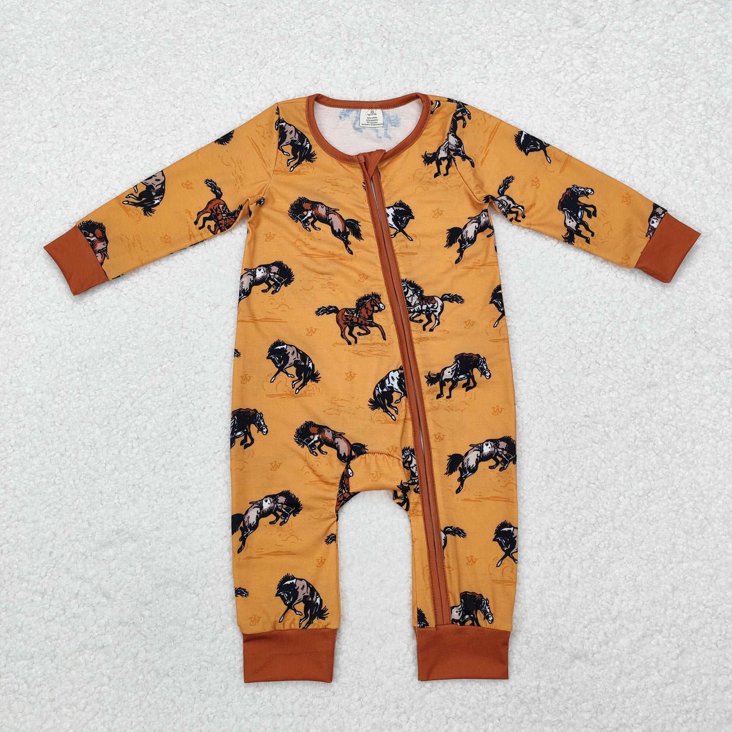 bamboo LR1857 Western rodeo horse brown long sleeve zipper boys romper