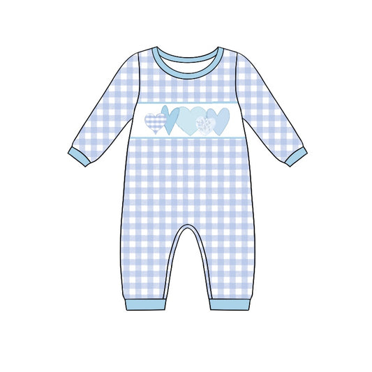 custom moq 3 Blue heart checkered long sleeve boys romper