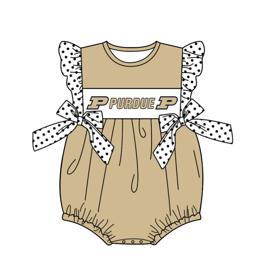 Custom Moq 3 Football Team Purdue Khaki Flutter Sleeve Bows Girls Romper