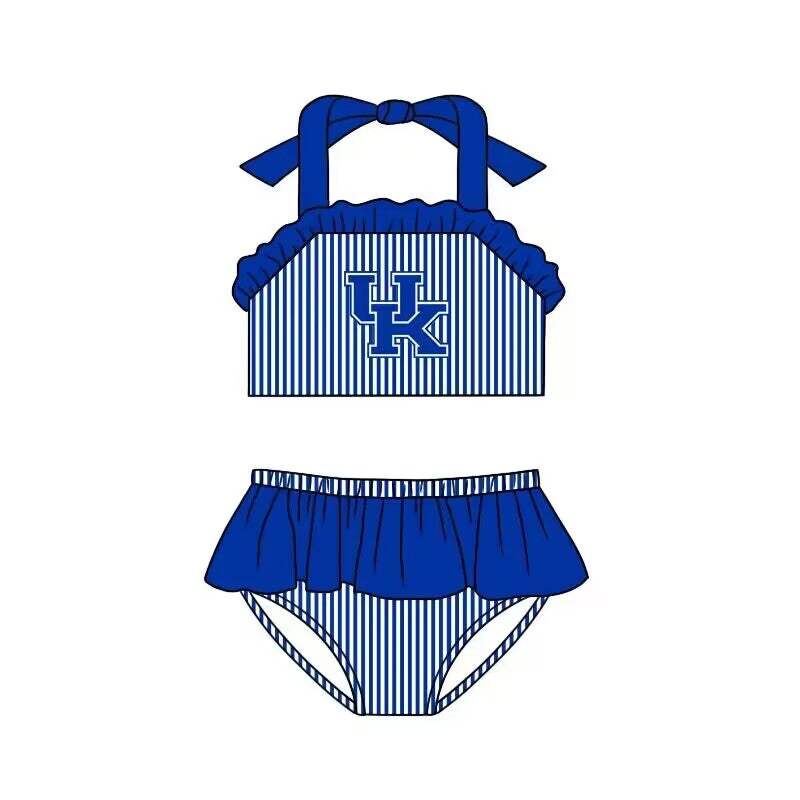 custom S Team blue striped 2pcs girls swimsuits