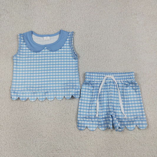 GSSO3397 Scallop Blue Checkered Sleeveless Shorts Girls Set