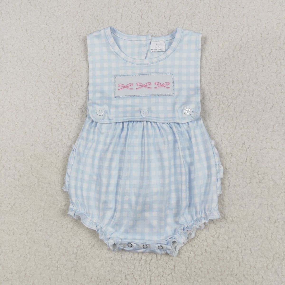 SR2203 Embroidery pink bows blue checkered sleeveless girls romper