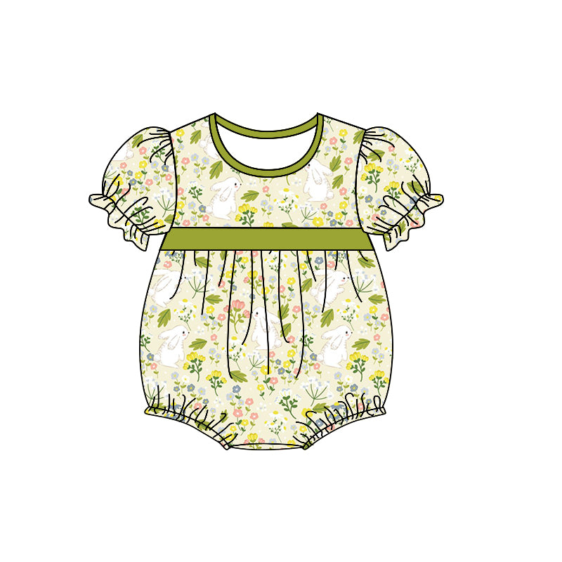 preorder SR0532 Rabbit flowers green short sleeve girls romper