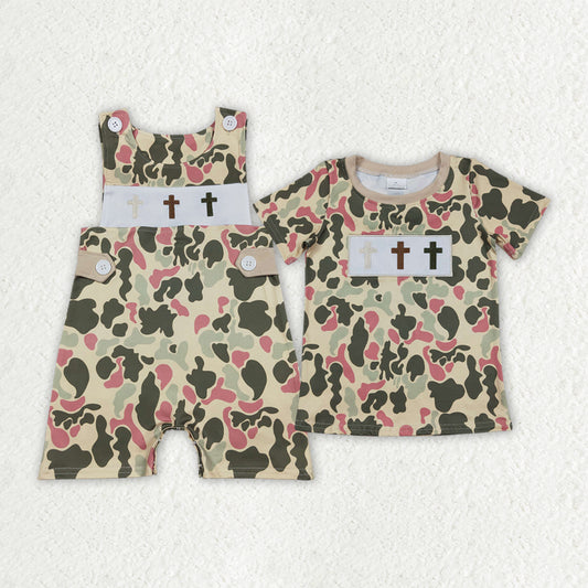 Embroidery Easter Cross Camo Romper/Top Sibling Clothes RTS