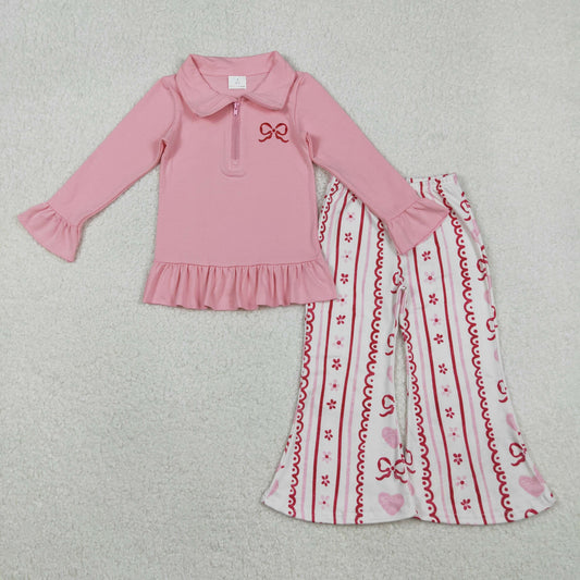Embroidery GLP2934 Valentine's Day pink bows zipper long sleeve bows heart pants girls set
