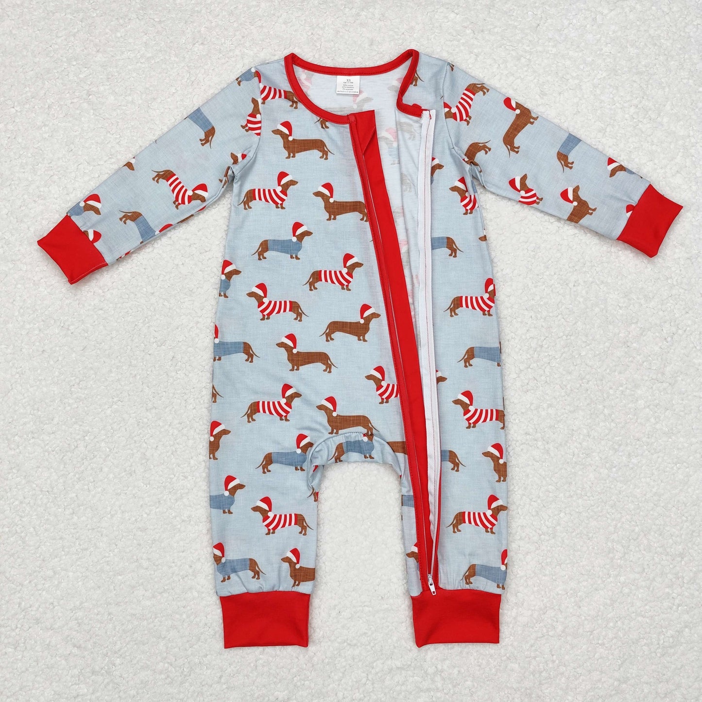 bamboo LR1082 Christmas dachshund hat dark green long sleeve boys zipper romper