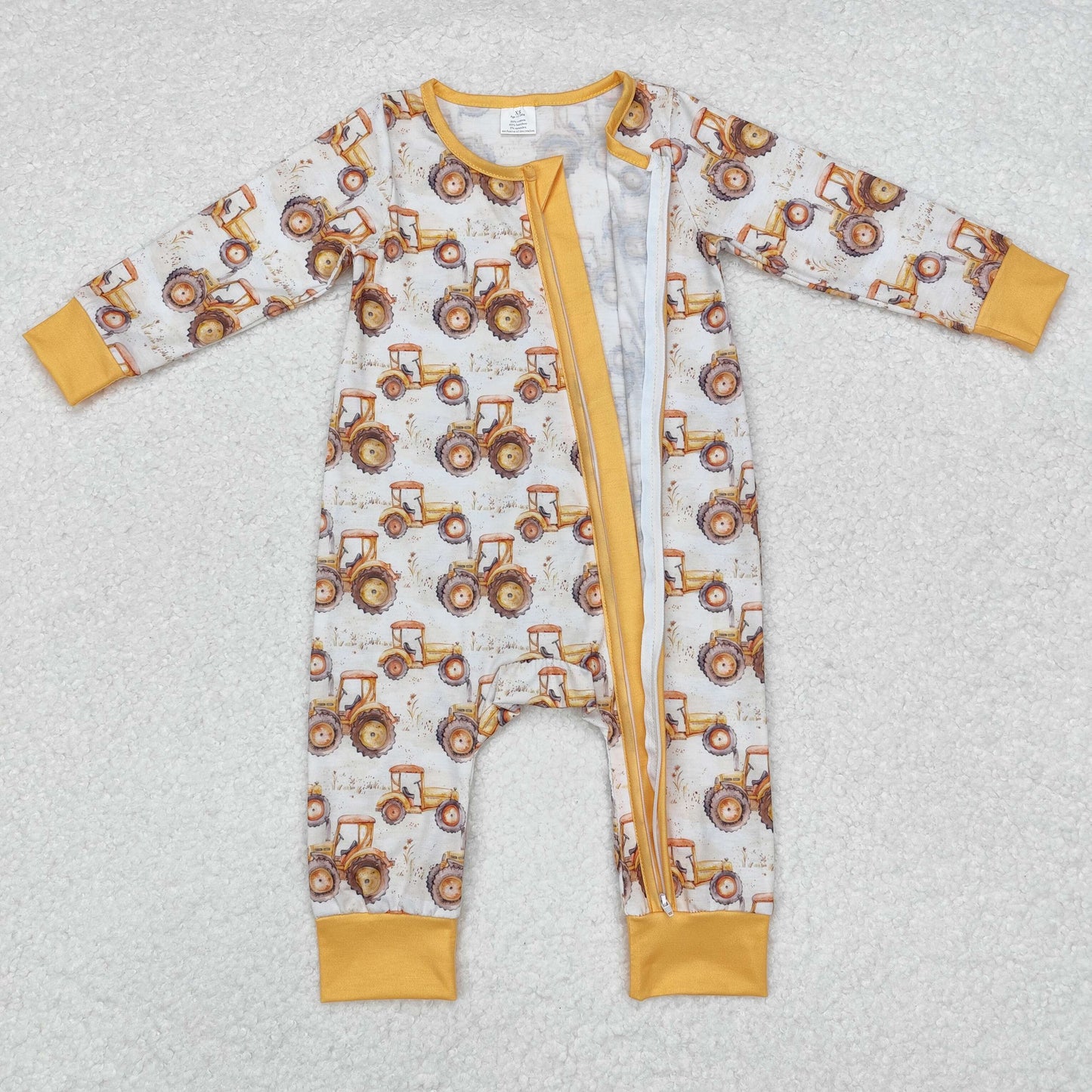 bamboo LR1789 Farm tractor yellow long sleeve zipper boys romper