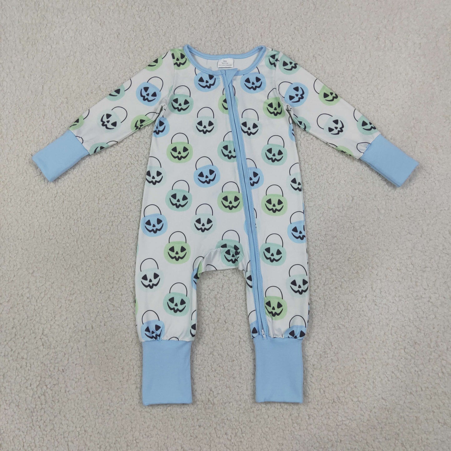 LR2534 Halloween pumpkin blue zipper long sleeve boys romper