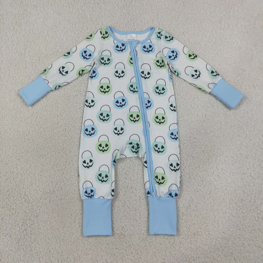 LR2534 Halloween pumpkin blue zipper long sleeve boys romper