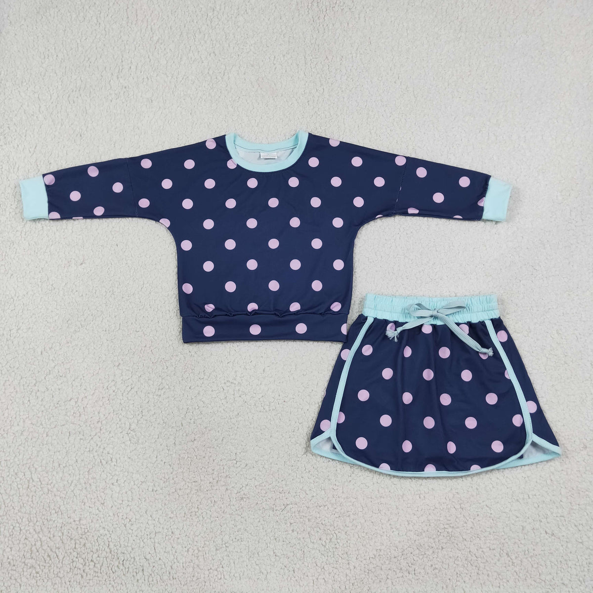GLD1762 Pink Dot Navy Blue Long Sleeve Shorts Girls Set