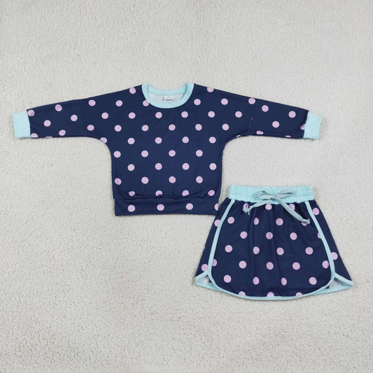 GLD1762 Pink Dot Navy Blue Long Sleeve Shorts Girls Set