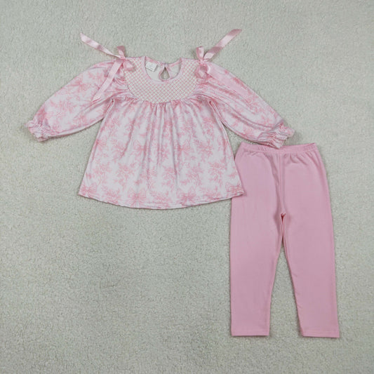 Embroidery GLP3285 Pink Bows Long Sleeve Pink Pants Girls Set