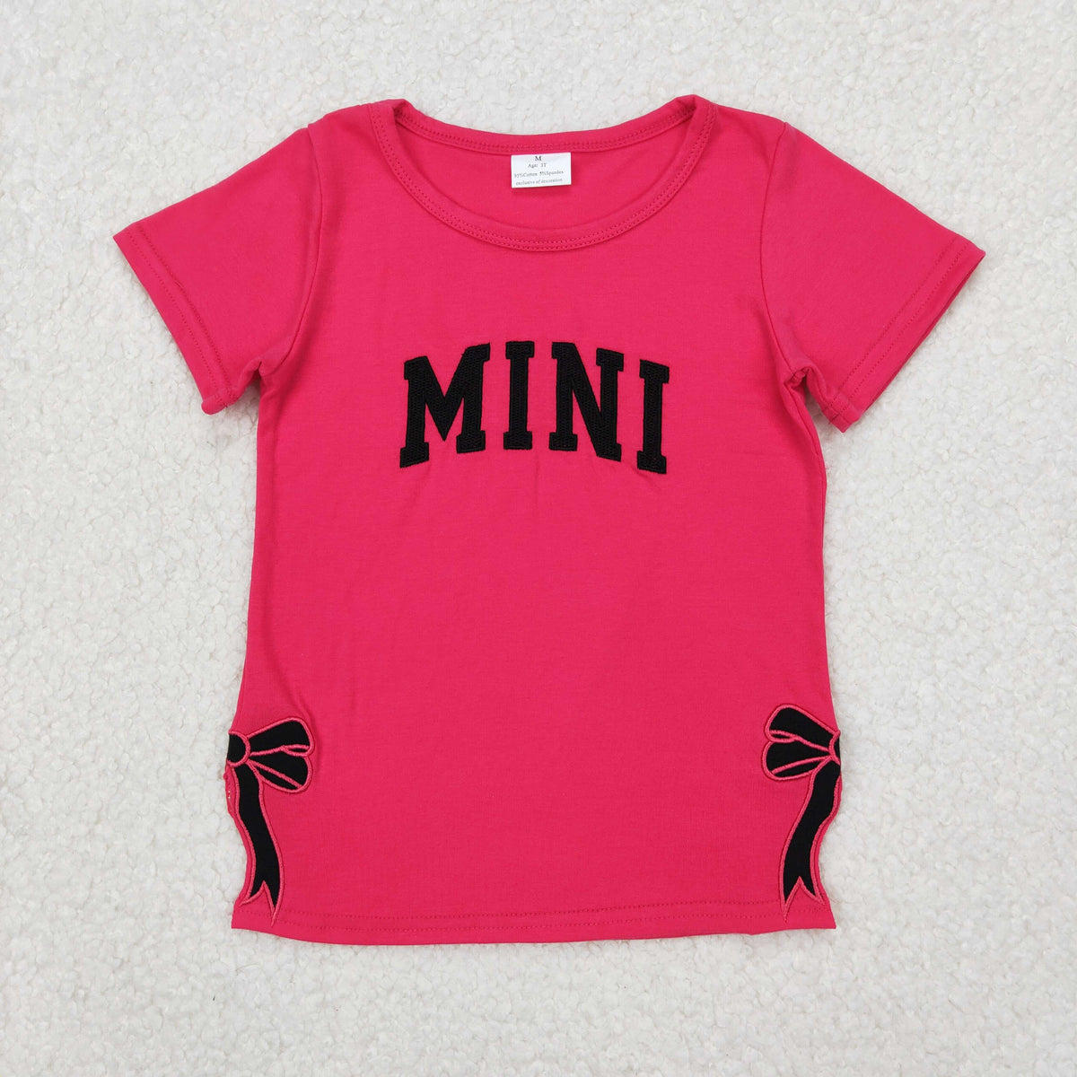 embroidery GT0917 MINI Split Side Bows Hot Pink Short Sleeve Girls Top