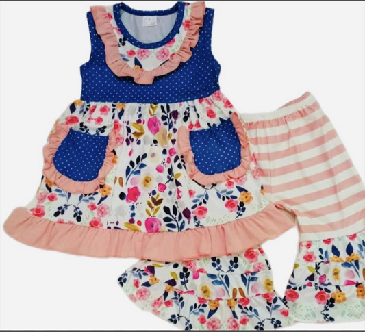 custom Flowers navy blue pockets flowers sleeveless pink striped pants girls set