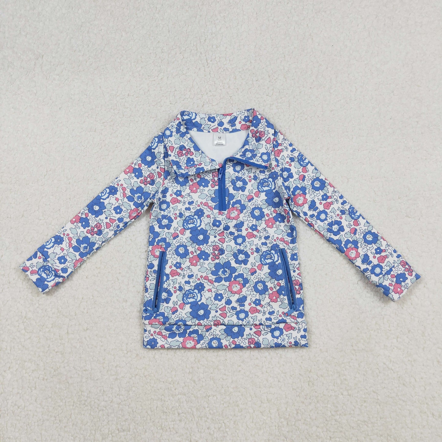 GT1192 yoga blue pink flowers floral zipper long sleeve girls top