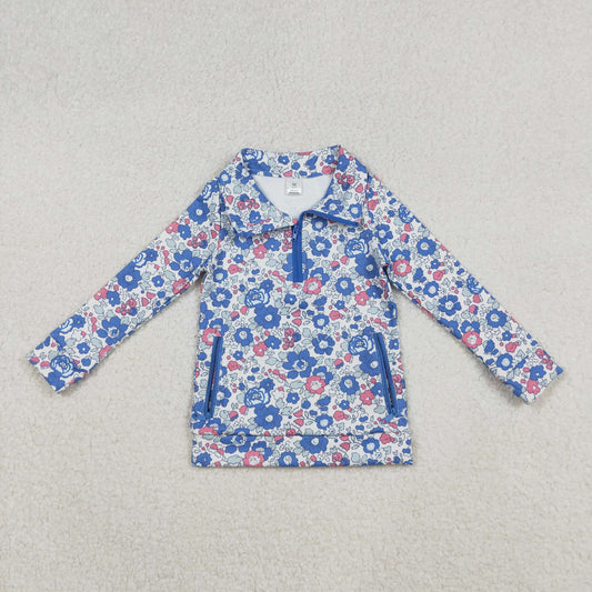 GT1192 yoga blue pink flowers floral zipper long sleeve girls top
